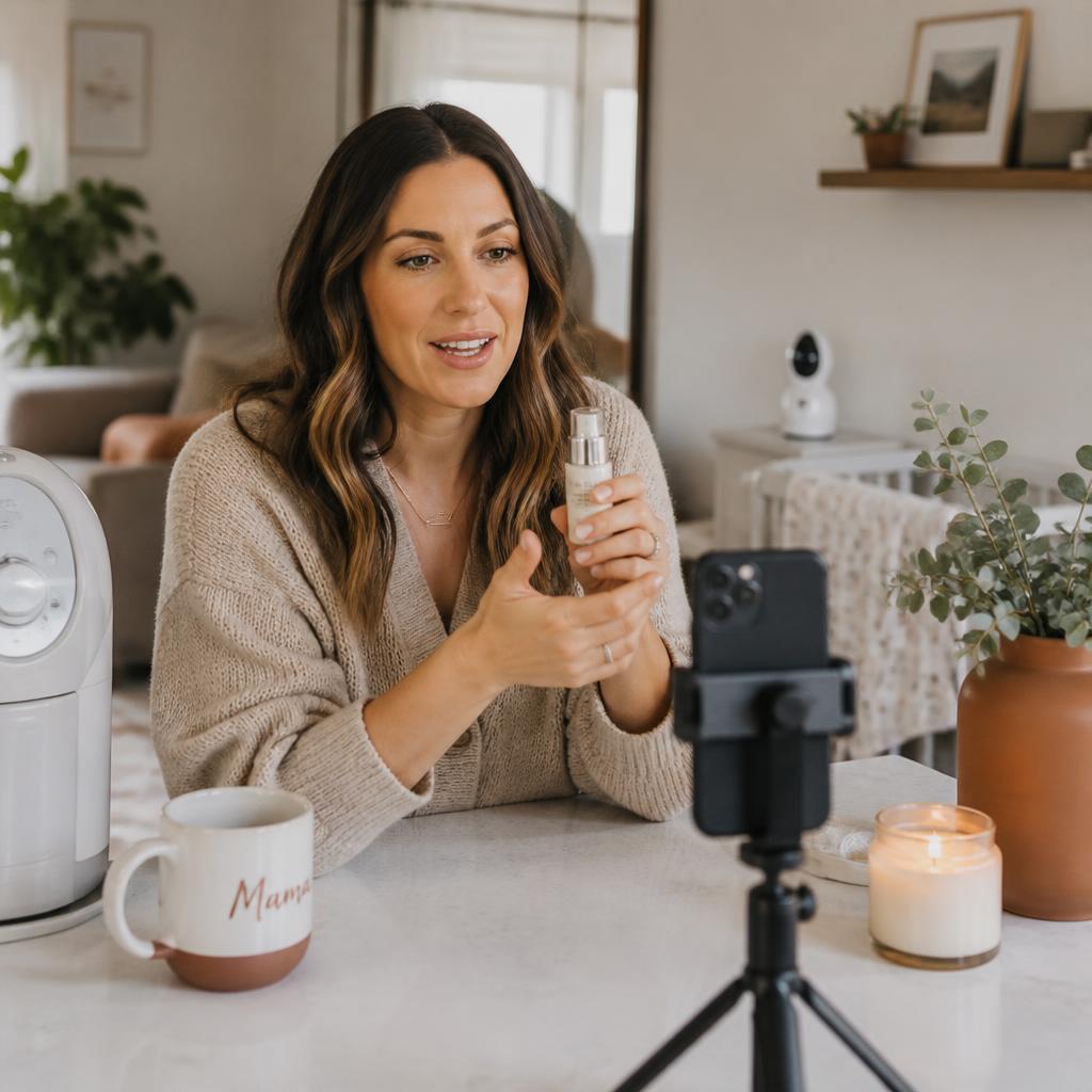 Mom filming a product review on a smartphone tripod at home